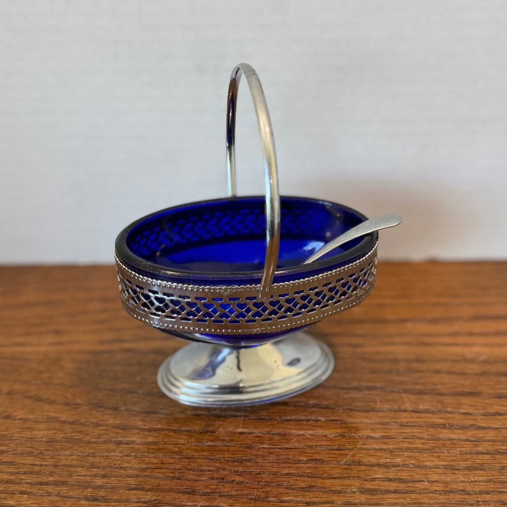 Vintage Cobalt Blue‎ Glass Condiment Dish Silver Filigree Basket Spoon